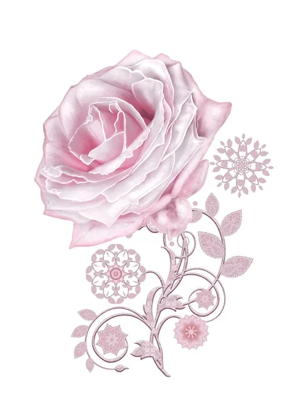 Декоративне оздоблення, елемент пейслі, ніжне текстуроване срібне листя з тонкого мережива і перлів. Біжутерія блискучі завитки, нитка з бісеру, бутон пастельно-рожева троянда. Ажурне плетіння делікатне — стокове фото