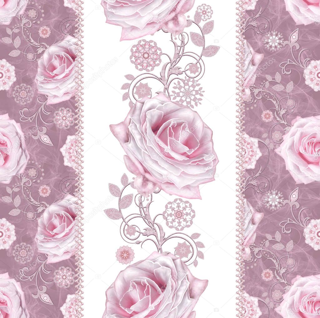 Seamless pattern. Decorative decoration, paisley element, delicate textured silver leaves made of thin lace and pearls, thread of beads, bud pastel pink rose. Openwork weaving delicate.