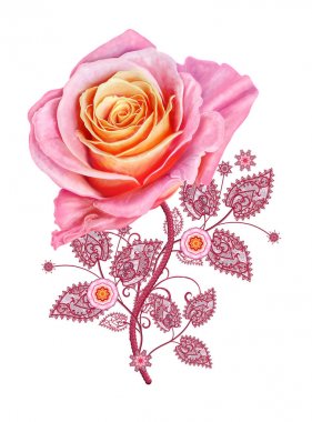 Dekoratif dekorasyon, desenli eleman, hassas dokulu yaprak güzel dantel ve inci yapılmış. Parlak bukleler, bud pastel pembe Gül jeweled. Hassas dokuma Ajur.