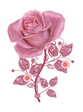 Dekoratif dekorasyon, desenli eleman, hassas dokulu yaprak güzel dantel ve inci yapılmış. Parlak bukleler, bud pastel pembe Gül jeweled. Hassas dokuma Ajur.