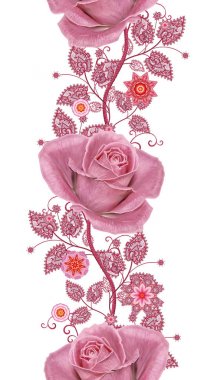 Seamless modeli. Dekoratif dekorasyon, desenli eleman, hassas dokulu yaprak güzel dantel ve inci yapılmış. Parlak bukleler, bud pastel pembe Gül jeweled. Hassas dokuma Ajur.