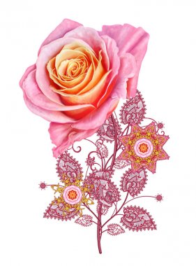 Dekoratif dekorasyon, desenli eleman, hassas dokulu yaprak güzel dantel ve inci yapılmış. Parlak bukleler, bud pastel pembe Gül jeweled. Hassas dokuma Ajur.