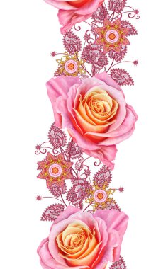 Seamless modeli. Dekoratif dekorasyon, desenli eleman, hassas dokulu yaprak güzel dantel ve inci yapılmış. Parlak bukleler, bud pastel pembe Gül jeweled. Hassas dokuma Ajur.