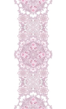 Seamless modeli. Dekoratif dekorasyon, desenli öğesi, hassas dokulu gümüş yaprakları yapılmış ince dantel ve inciler, iplik boncuklar, pastel pembe Gül ahbap. Hassas dokuma Ajur.