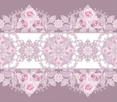 Seamless modeli. Dekoratif dekorasyon, desenli öğesi, hassas dokulu gümüş yaprakları yapılmış ince dantel ve inciler, iplik boncuklar, pastel pembe Gül ahbap. Hassas dokuma Ajur.