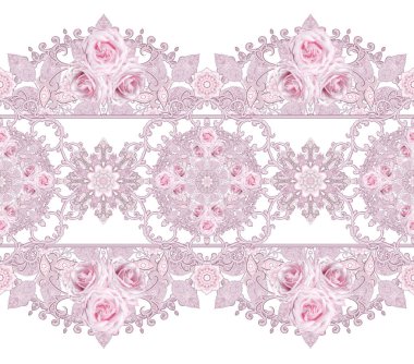 Seamless modeli. Dekoratif dekorasyon, desenli öğesi, hassas dokulu gümüş yaprakları yapılmış ince dantel ve inciler, iplik boncuklar, pastel pembe Gül ahbap. Hassas dokuma Ajur.