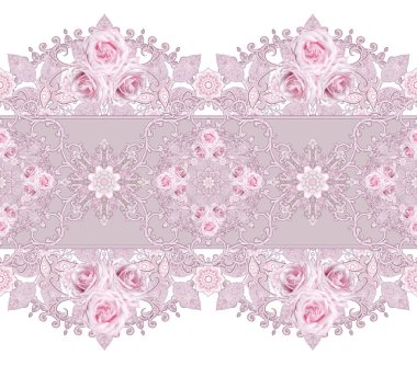 Seamless modeli. Dekoratif dekorasyon, desenli öğesi, hassas dokulu gümüş yaprakları yapılmış ince dantel ve inciler, iplik boncuklar, pastel pembe Gül ahbap. Hassas dokuma Ajur.