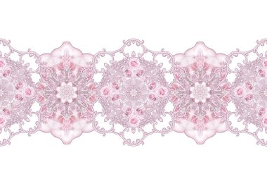 Seamless modeli. Dekoratif dekorasyon, desenli öğesi, hassas dokulu gümüş yaprakları yapılmış ince dantel ve inciler, iplik boncuklar, pastel pembe Gül ahbap. Hassas dokuma Ajur.