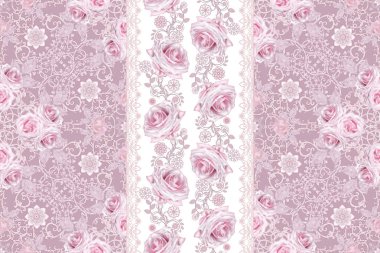 Seamless modeli. Dekoratif dekorasyon, desenli öğesi, hassas dokulu gümüş yaprakları yapılmış ince dantel ve inciler, iplik boncuklar, pastel pembe Gül ahbap. Hassas dokuma Ajur.