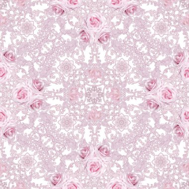 Seamless modeli. Dekoratif dekorasyon, desenli öğesi, hassas dokulu gümüş yaprakları yapılmış ince dantel ve inciler, iplik boncuklar, pastel pembe Gül ahbap. Hassas dokuma Ajur.