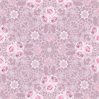 Seamless modeli. Dekoratif dekorasyon, desenli öğesi, hassas dokulu gümüş yaprakları yapılmış ince dantel ve inciler, iplik boncuklar, pastel pembe Gül ahbap. Hassas dokuma Ajur.