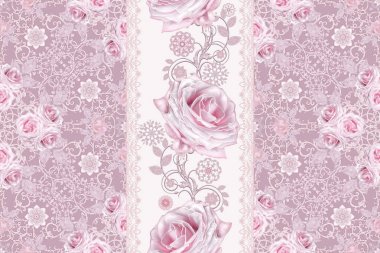 Seamless modeli. Dekoratif dekorasyon, desenli öğesi, hassas dokulu gümüş yaprakları yapılmış ince dantel ve inciler, iplik boncuklar, pastel pembe Gül ahbap. Hassas dokuma Ajur.