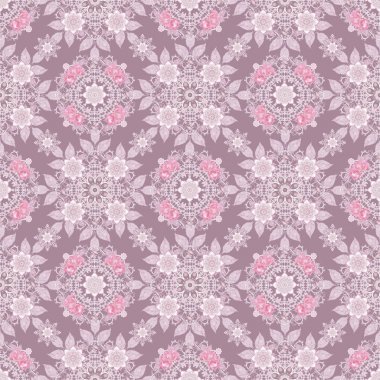 Seamless modeli. Dekoratif dekorasyon, desenli öğesi, hassas dokulu gümüş yaprakları yapılmış ince dantel ve inciler, iplik boncuklar, pastel pembe Gül ahbap. Hassas dokuma Ajur.