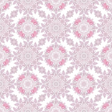 Seamless modeli. Dekoratif dekorasyon, desenli öğesi, hassas dokulu gümüş yaprakları yapılmış ince dantel ve inciler, iplik boncuklar, pastel pembe Gül ahbap. Hassas dokuma Ajur.