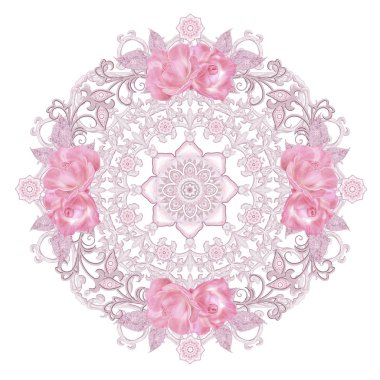 Dekoratif dekorasyon, desenli eleman, hassas dokulu gümüş yaprakları yapılmış güzel dantel ve inci. Mücevherli parlak bukleler, boncuklar, iş parçacığından pastel pembe Gül ahbap. Hassas dokuma Ajur