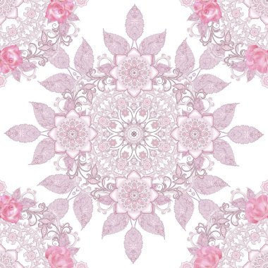 Seamless modeli. Dekoratif dekorasyon, desenli öğesi, hassas dokulu gümüş yaprakları yapılmış ince dantel ve inciler, iplik boncuklar, pastel pembe Gül ahbap. Hassas dokuma Ajur.