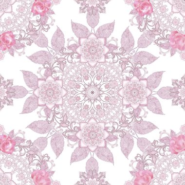 Seamless modeli. Dekoratif dekorasyon, desenli öğesi, hassas dokulu gümüş yaprakları yapılmış ince dantel ve inciler, iplik boncuklar, pastel pembe Gül ahbap. Hassas dokuma Ajur.