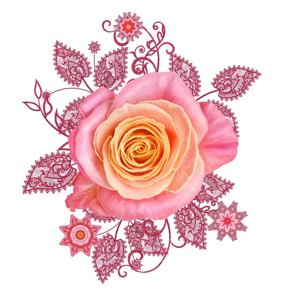 Dekoratif dekorasyon, desenli eleman, hassas dokulu yaprak güzel dantel ve inci yapılmış. Parlak bukleler, bud pastel pembe Gül jeweled. Hassas dokuma Ajur.