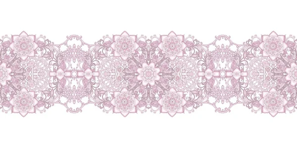 无缝模式 装饰装饰 佩斯利元素 精致的纹理叶子制成的精美花边和珍珠 宝石闪闪发亮的卷发 芽粉彩粉红色的玫瑰 镂空编织精致 — 图库照片