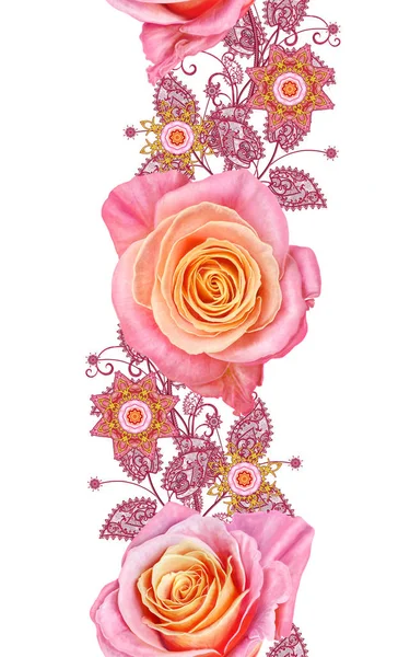 Seamless modeli. Dekoratif dekorasyon, desenli eleman, hassas dokulu yaprak güzel dantel ve inci yapılmış. Parlak bukleler, bud pastel pembe Gül jeweled. Hassas dokuma Ajur.