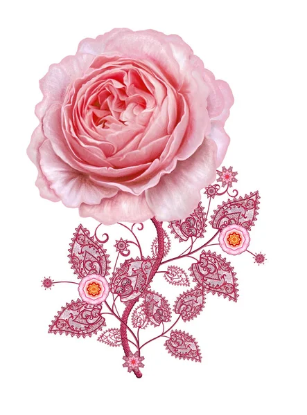 Dekoratif dekorasyon, desenli eleman, hassas dokulu yaprak güzel dantel ve inci yapılmış. Parlak bukleler, bud pastel pembe Gül jeweled. Hassas dokuma Ajur.