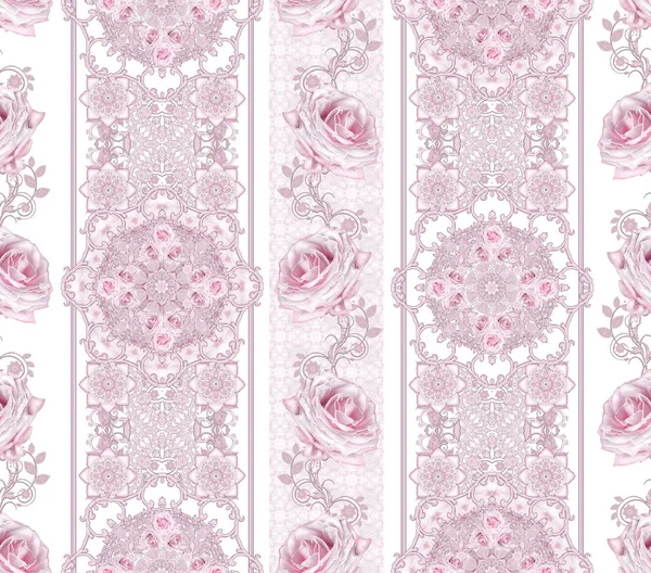 Seamless modeli. Dekoratif dekorasyon, desenli öğesi, hassas dokulu gümüş yaprakları yapılmış ince dantel ve inciler, iplik boncuklar, pastel pembe Gül ahbap. Hassas dokuma Ajur.