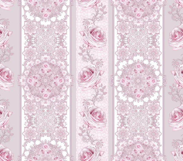 Seamless modeli. Dekoratif dekorasyon, desenli öğesi, hassas dokulu gümüş yaprakları yapılmış ince dantel ve inciler, iplik boncuklar, pastel pembe Gül ahbap. Hassas dokuma Ajur.