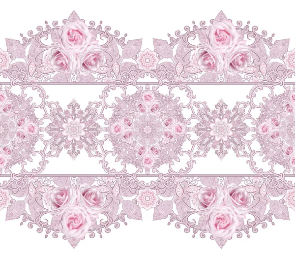 Seamless modeli. Dekoratif dekorasyon, desenli öğesi, hassas dokulu gümüş yaprakları yapılmış ince dantel ve inciler, iplik boncuklar, pastel pembe Gül ahbap. Hassas dokuma Ajur.