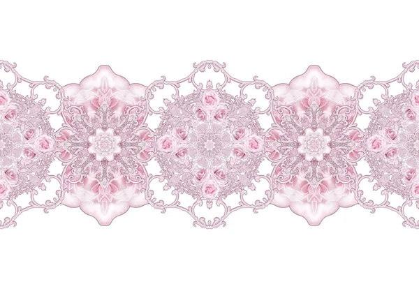 无缝模式 装饰装饰 佩斯利元素 精致的质感银叶制成的薄花边和珍珠 螺纹的珠子 芽粉彩粉红色的玫瑰 镂空织造精致 — 图库照片