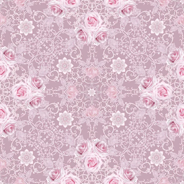 Seamless modeli. Dekoratif dekorasyon, desenli öğesi, hassas dokulu gümüş yaprakları yapılmış ince dantel ve inciler, iplik boncuklar, pastel pembe Gül ahbap. Hassas dokuma Ajur.