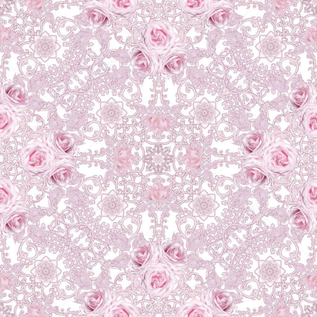 Seamless pattern. Decorative decoration, paisley element, delicate textured silver leaves made of thin lace and pearls, thread of beads, bud pastel pink rose. Openwork weaving delicate.