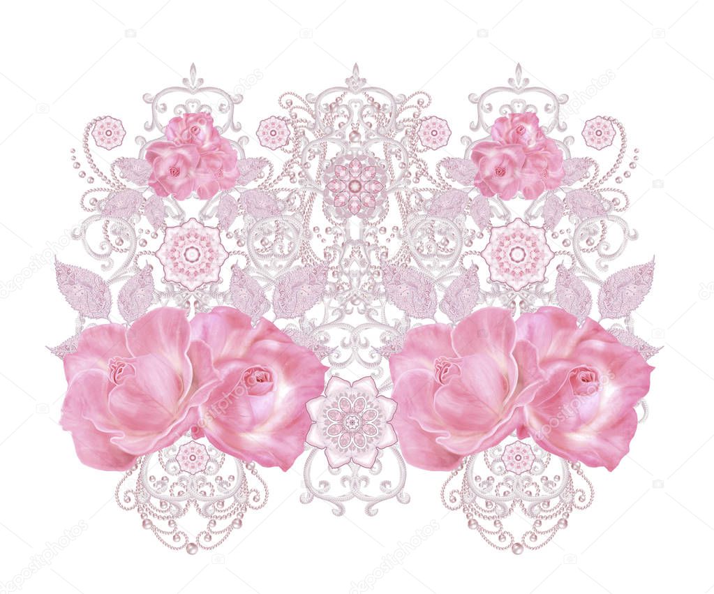 Decorative decoration, paisley element, delicate textured silver leaves made of fine lace and pearls. Jeweled shiny curls, thread from beads, bud pastel pink rose. Openwork weaving delicate