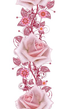 Seamless modeli. Dekoratif dekorasyon, desenli eleman, hassas dokulu yaprak güzel dantel ve inci yapılmış. Parlak bukleler, bud pastel pembe Gül jeweled. Hassas dokuma Ajur.