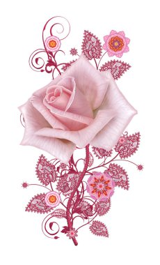 Dekoratif dekorasyon, desenli eleman, hassas dokulu yaprak güzel dantel ve inci yapılmış. Parlak bukleler, bud pastel pembe Gül jeweled. Hassas dokuma Ajur.