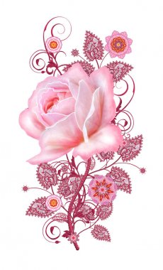 Dekoratif dekorasyon, desenli eleman, hassas dokulu yaprak güzel dantel ve inci yapılmış. Parlak bukleler, bud pastel pembe Gül jeweled. Hassas dokuma Ajur.