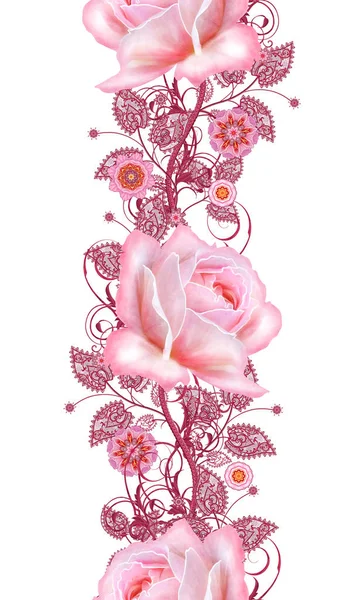 Patrón sin costuras. Decoración decorativa, elemento paisley, delicadas hojas texturizadas hechas de encaje fino y perlas. Joyas brillantes rizos, brote rosa pastel rosa. Tejido calado delicado . — Foto de Stock