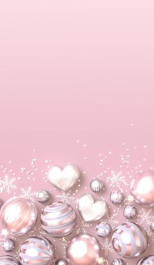 Noel pastel rengi yumuşak arka plan, yuvarlak soluk pembe toplar, gümüş kar taneleri, ışıltılı süsler, konfeti, mutlu yıllar, 3D sunum.