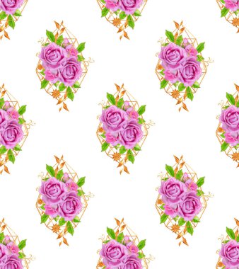 Kusursuz çiçek desenleri, gerçekçi pembe güller, altın geometrik şekiller..