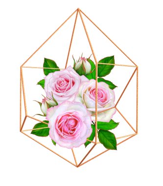 Çiçek kompozisyonu. Beyaz arka planda izole edilmiş güzel pembe güller buketi, altın çerçeve geometrik şekil