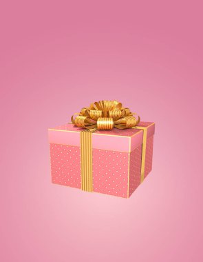 Altın bir fiyonkla süslenmiş 3 boyutlu pembe hediye kutusu. Pastel şenlikli romantik kartpostal, tek nesne.