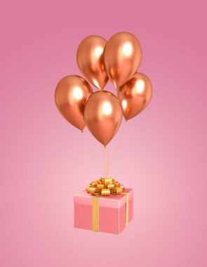3D görüntüleme, Pastel arka plan, altın helyum balonları, parlak bir fiyonkla süslenmiş güzel bir hediye kutusu..
