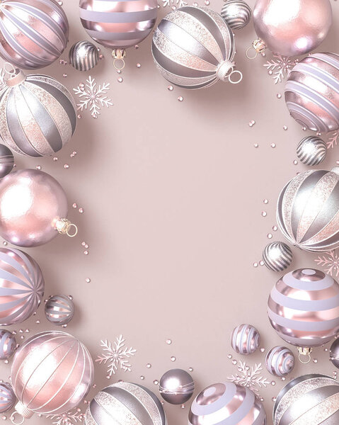 Christmas pastel tender background, round shiny pale pink balls, silver snowflakes, sparkling tinsel, confetti, Happy New Year, 3D rendering.