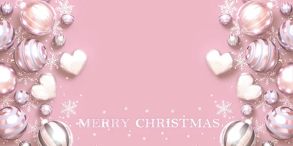 Christmas Pastel Tender Background Shiny Pale Pink Balls Silver Snowflakes — Stock Photo, Image