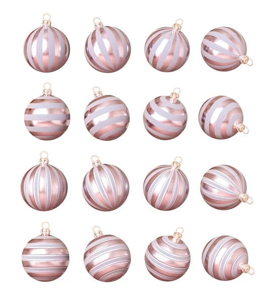 Klaar Kerst Decoratie Ronde Glanzende Ballen Lichtroze Geïsoleerd Een Witte — Stockfoto