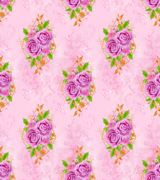 Sömlös Blommönster Bukett Vackra Realistiska Rosa Rosor Gyllene Geometriska Former — Stockfoto