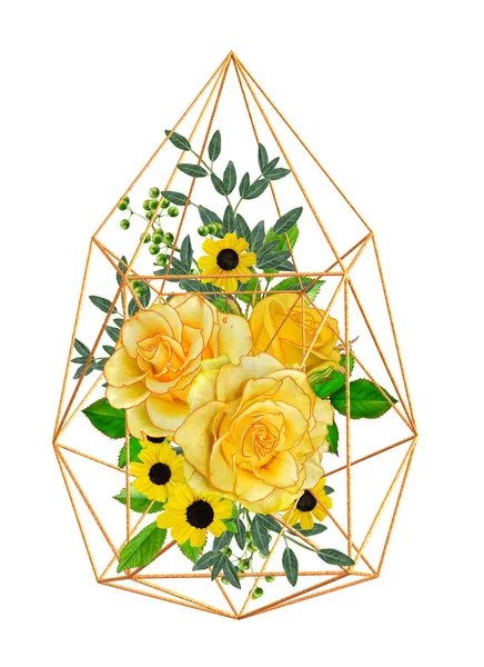Composición Floral Ramo Hermosas Rosas Amarillas Realistas Aisladas Sobre Fondo — Foto de Stock