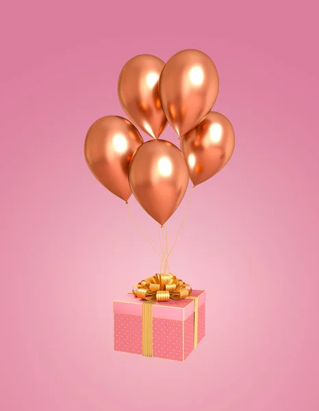 3D渲染 意大利面背景 金色氦气气球 漂亮的礼品盒装饰着闪亮的弓 — 图库照片