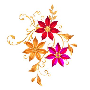 Çiçek aranjmanı, stilize edilmiş altın yapraklar ve çiçekler, parlak böğürtlenler, hassas bukleler, geometrik şekiller, desenli elementler, beyaz bir arka planda izole edilmiş. 3d oluşturma