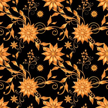 stilize edilmiş altın yapraklar ve çiçekler, parlak böğürtlenler, narin bukleler, geometrik şekiller, desenli elementler, pürüzsüz desenler, sınır, 3d