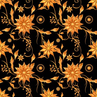 stilize edilmiş altın yapraklar ve çiçekler, parlak böğürtlenler, narin bukleler, geometrik şekiller, desenli elementler, pürüzsüz desenler, sınır, 3d